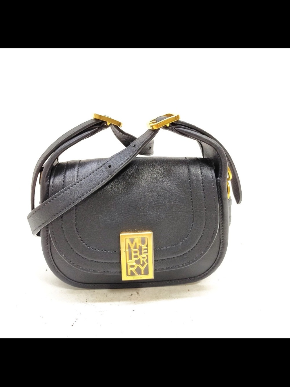 Mulberry Black Leather Mini Saddle Crossbody with Gold Plaque
